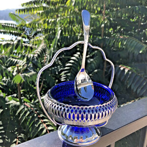 Vintage Sugar Dish Cobalt Blue Glass Bowl Metal Stand Plated ENGLAND UK